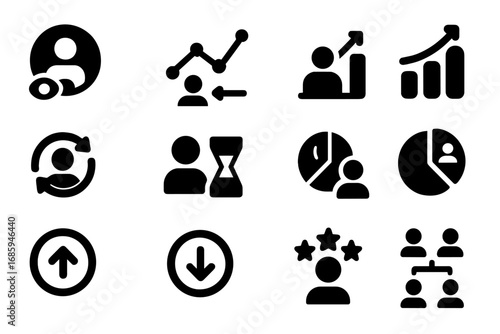 User Statistics Icons. Solid style icons of user statistics: profile views, user activity graph, login frequency, account growth