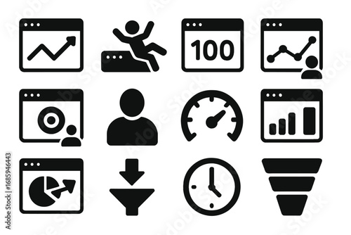 Website Analytics Icons. Solid style icons of website statistics: traffic graph, bounce rate icon, page view count, user session