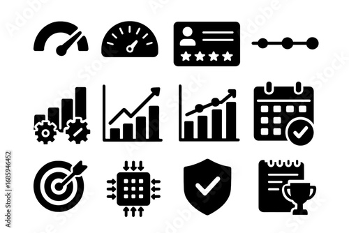Performance Icons Collection. Solid style icons of performance analytics: progress gauge, productivity meter, performance
