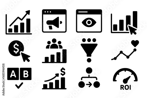 Marketing Analytics Icons. Solid style icons of marketing analytics: campaign performance graph, ad impressions icon,