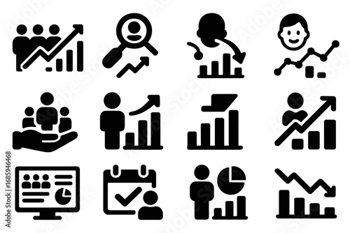 HR Analytics Icons. Solid style icons of HR analytics: headcount graph, hiring trend icon, attrition rate bar, employee