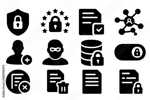 Solid Data Privacy Icons. Solid style icons of data privacy: shield with lock, GDPR icon, consent form, encryption symbol,