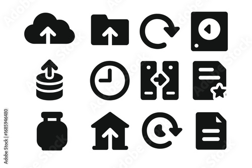 Data Backup Icons. Solid style icons of backup data: cloud backup, archive folder, restore icon, recovery drive, incremental