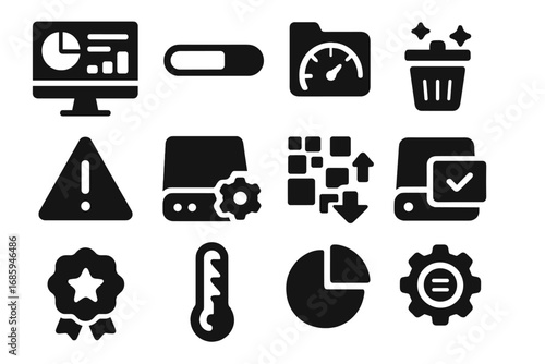Storage Management Icons. Solid style icons of storage management: storage dashboard, disk usage bar, folder size meter, clean-up
