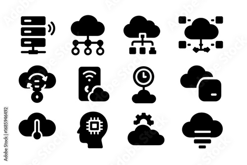 Edge and Fog Icons. Solid style icons of edge and fog computing: edge server icon, IoT to cloud, fog node, decentralized data, low