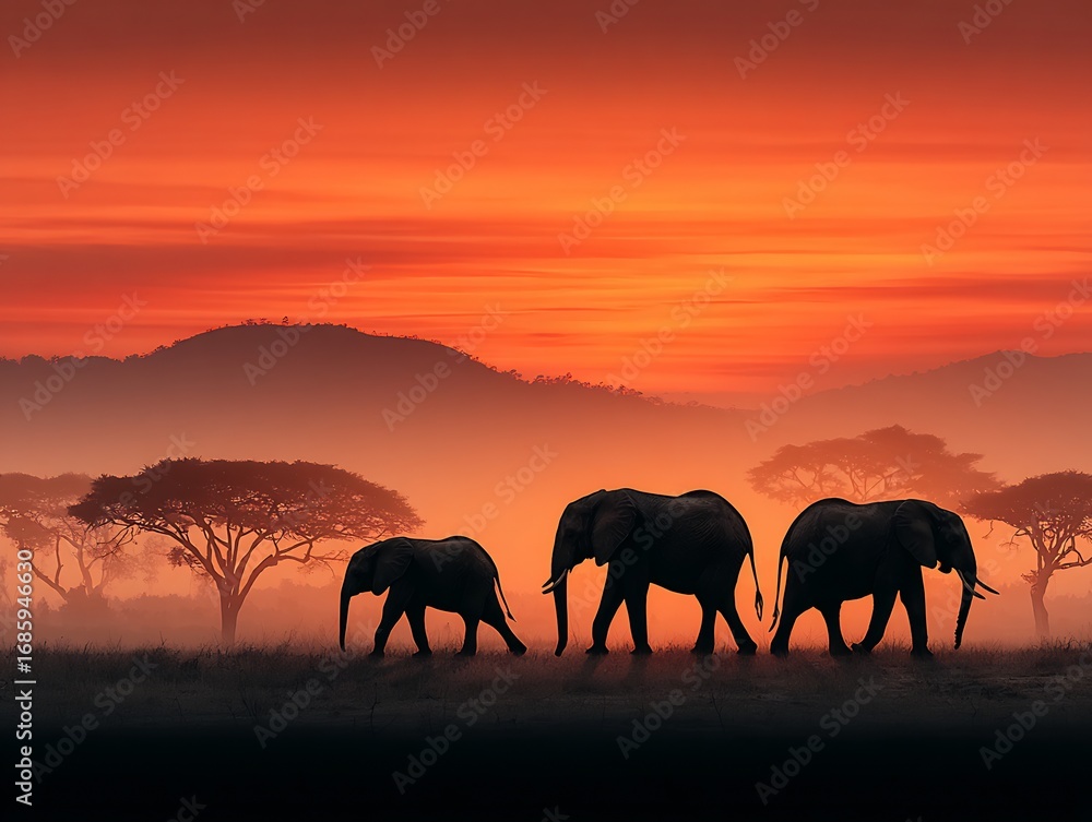 Fototapeta premium Elephant family silhouettes walking across savanna at sunset golden and orange sky backdrop wildlife safari concept for nature lovers