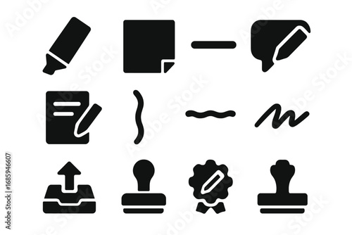 Annotation Tools Icons. Solid style icons of annotation and markup: highlighter icon, sticky note icon, underline tool, comment