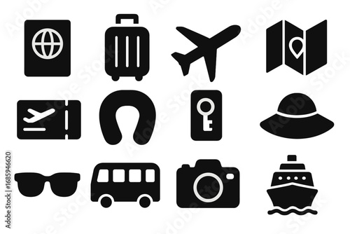 Holiday Travel Icons. Solid style icons of holiday travel: passport, suitcase, airplane, travel map, boarding pass, travel pillow,