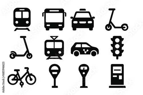 Urban Transport Icons. Solid style icons of urban transport: subway train, city bus, taxi cab, electric scooter, tram,