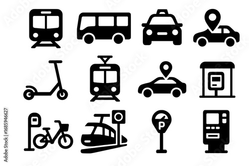 Urban Transport Icons. Solid style icons of urban transport: subway train, city bus, taxi cab, electric scooter, tram,