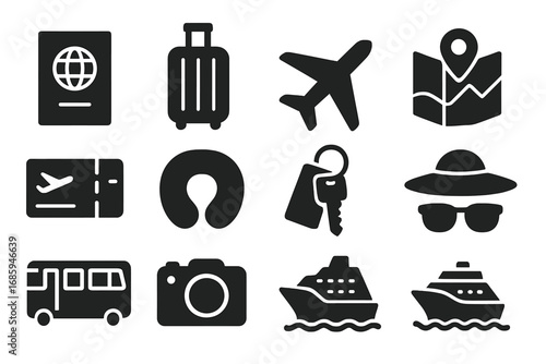 Holiday Travel Icons. Solid style icons of holiday travel: passport, suitcase, airplane, travel map, boarding pass, travel pillow,