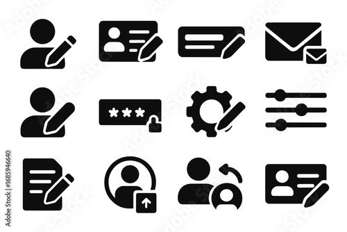 User Profile Icons. Solid style icons of user profile editing: avatar with pencil icon, account info edit, name field tray, email