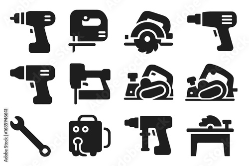 Solid Power Tools Icons. Solid style icons of power tools: cordless drill, jigsaw, circular saw, angle grinder, heat gun, nail gun