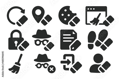 Privacy Protection Icons. Solid style icons of privacy removal: erase history, delete tracking data, remove cookies, clear session