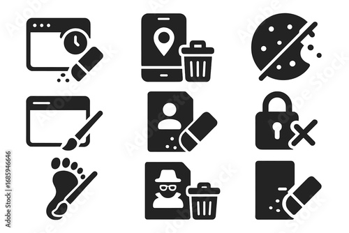 Privacy Protection Icons. Solid style icons of privacy removal: erase history, delete tracking data, remove cookies, clear session