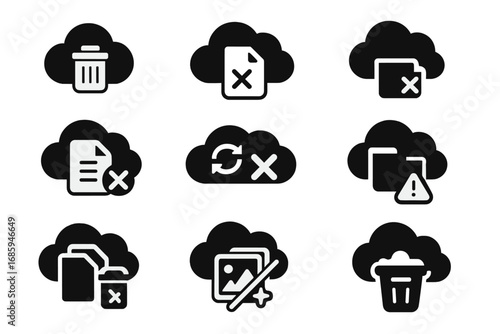 Cloud Deletion Icons. Solid style icons of cloud file deletion: cloud trash, delete from drive, cloud file with X, remove sync