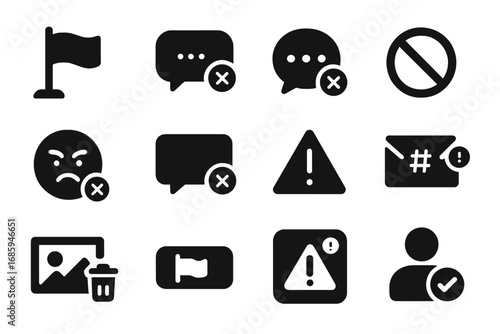 Iconic Content Moderation. Solid style icons of content moderation: flag post, delete comment, remove reply, ban content,