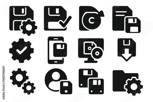 Settings Save Icons. Solid style icons of save settings: save gear, apply changes, update disk, preference save, confirm settings,