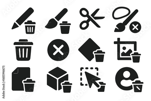 Trash Tool Icons. Solid style icons of trash actions in tools: pencil delete, brush erase icon, scissor cut icon, lasso remove,