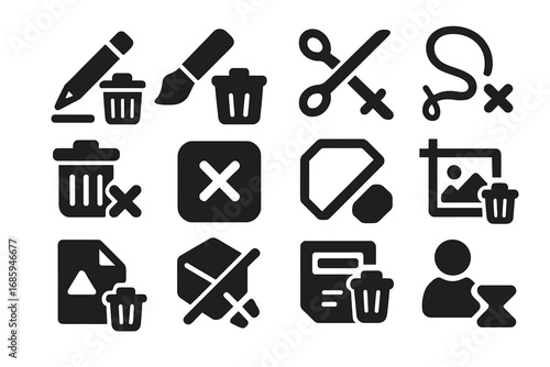 Trash Tool Icons. Solid style icons of trash actions in tools: pencil delete, brush erase icon, scissor cut icon, lasso remove,