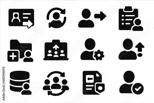 User Import Icons. Solid style icons of user import actions: import contacts, user profile sync, migrate users, access list upload