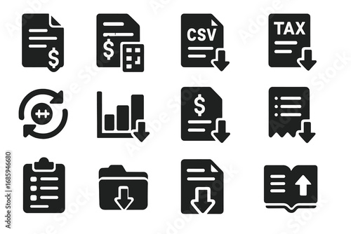 Financial Import Icons. Solid style icons of finance and accounting import: invoice file load, budget import icon, transaction CSV