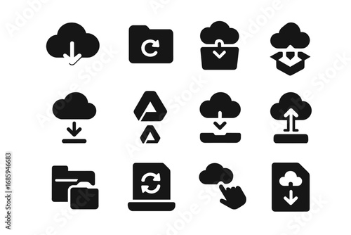 Cloud Import Icons. Solid style icons of cloud import: cloud with down arrow, drive folder sync, cloud download into folder,