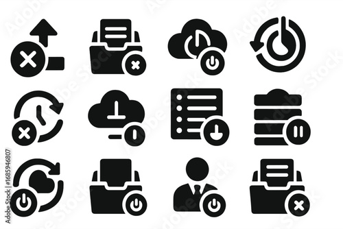 Backup Icons Shutdown. Solid style icons of backup and archive shutdown: stop backup icon, archive halt tray, sync shutdown symbol