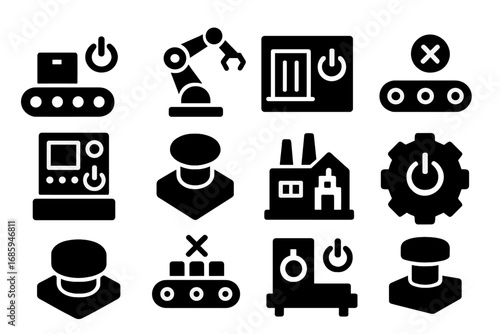 Industrial Machine Shutdown Icons. Solid style icons of industrial machine shutdown: conveyor belt power off, robot arm stop icon,