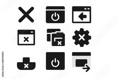 Application Shutdown Icons. Solid style icons of application shutdown: software close icon, app with power symbol, program exit