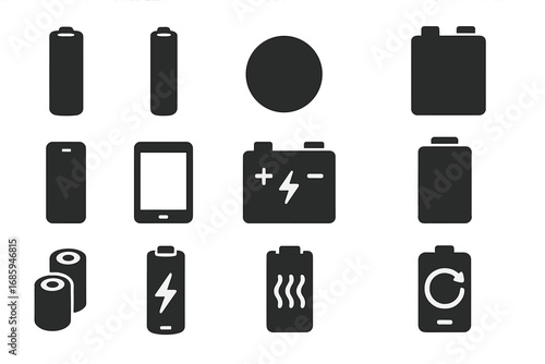 Battery Icon Collection. Solid style icons of battery types: AA battery, AAA battery, coin cell battery, 9V battery icon, phone