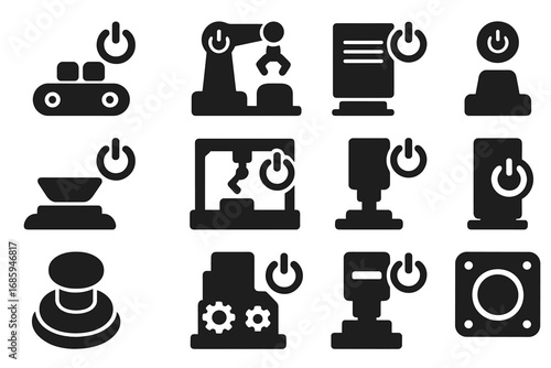 Industrial Machine Shutdown Icons. Solid style icons of industrial machine shutdown: conveyor belt power off, robot arm stop icon,