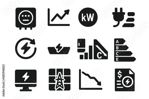 Energy Usage Icons. Solid style icons of power usage: energy meter icon, consumption graph, kilowatt icon, plug with stats,
