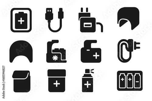 Battery Accessories Icons. Solid style icons of battery accessories: battery case icon, charging cable, adapter plug for battery,