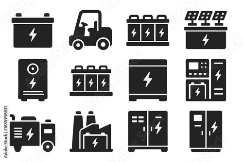Industrial Battery Icons. Solid style icons of industrial battery systems: heavy-duty battery icon, forklift battery symbol,