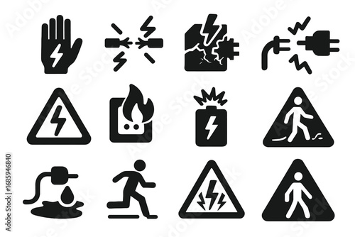 Power Hazard Icons. Solid style icons of power-related hazards: electrical burn icon, exposed wire danger, surge damage symbol,