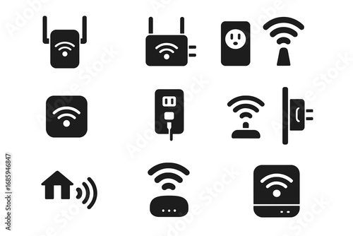Wi-Fi Extender Icons. Solid style icons of Wi-Fi range extenders: extender with signal icon, plug-in range booster, repeater