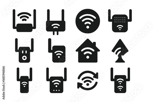 Wi-Fi Extender Icons. Solid style icons of Wi-Fi range extenders: extender with signal icon, plug-in range booster, repeater