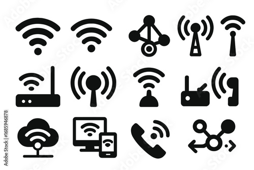 Wireless Network Icons. Solid style icons of wireless network: Wi-Fi signal icon, hotspot wave tray, mesh node icon, wireless