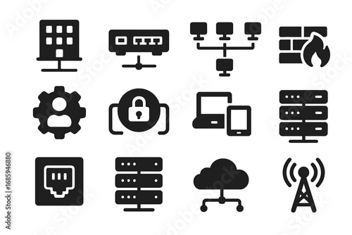 Enterprise Network Icons. Solid style icons of enterprise networks: building with LAN icon, office switch tray, multiple PCs