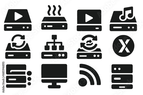Media Server Icons. Solid style icons of media servers: play button on server icon, stream hub tray, video-on-demand server, audio