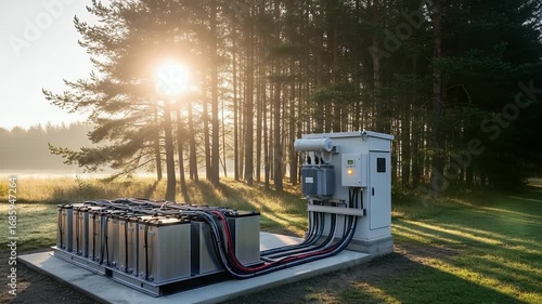 Renewable Energy Sanctuary: An outdoor power storage system, an emblem of sustainable living, nestled in a serene natural environment. The sun filters through the trees