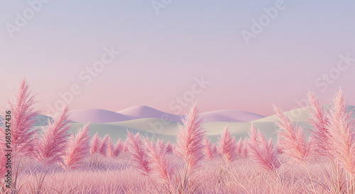 Dreamy pink pampas grass field and rolling hills bathed in soft pastel light for serene vibes