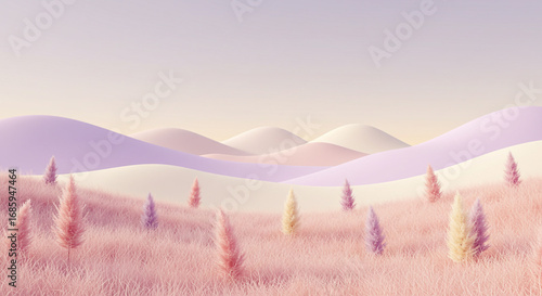 Dreamy pastel landscape of rolling hills and ornamental grass evoking tranquility and peace