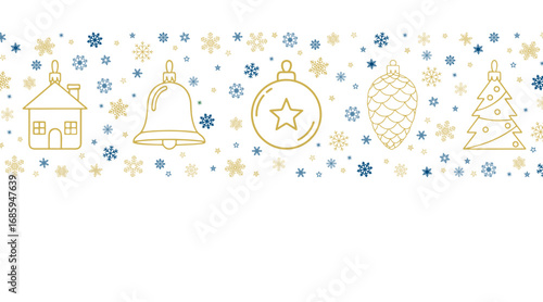 A seamless pattern of Christmas ornaments and snowflakes. Ideal for ribbon backgrounds or other festive uses in holiday decorations, gift wrapping, and greeting cards.