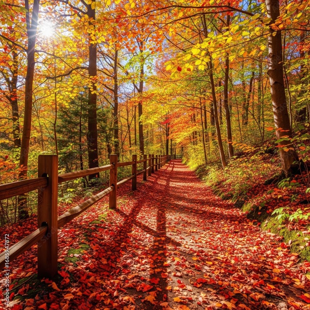 Naklejka premium A vibrant autumn forest path with a wooden fence, covered in colorful leaves under a bright sun, creating a picturesque scene for nature lovers and hikers