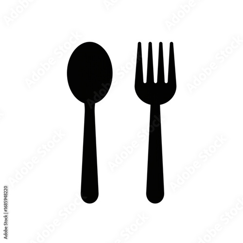 Simple black silhouette of a spoon and fork on a white background