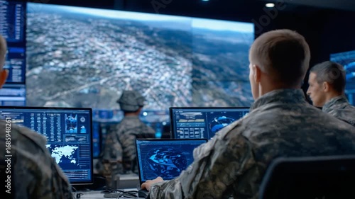 Intelligence analysts use digital tools to highlight movement zones on drone surveillance footage displayed on a large wall monitor.