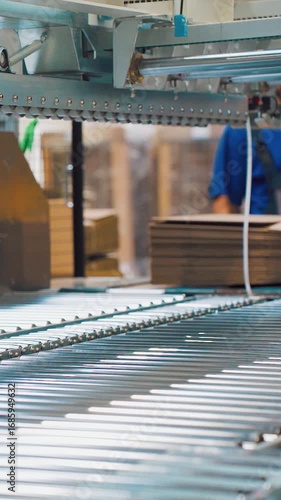 Automated packaging system in action, sequential movement of machinery as it processes cardboard stacks, highlighting efficiency and precision in a modern industrial environment. Packaging plantg