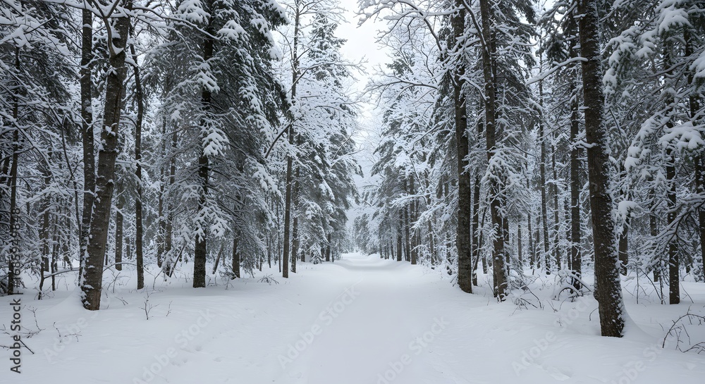 Obraz premium Snowy forest path: Tall trees line a snow-covered path, creating a serene winter landscape scene.